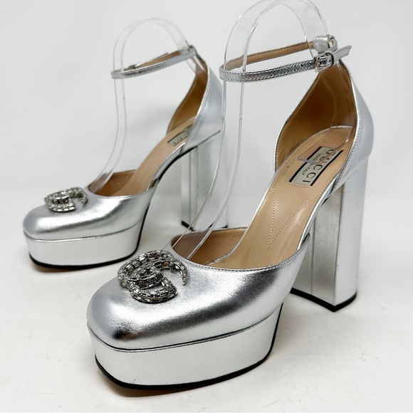 Gucci GG Metallic Leather Crystal Double G Platform Pumps Size 38.5 - Picture 1 of 13
